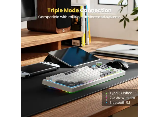 კლავიატურა Royal Kludge RK S85 RGB Mechanical Keyboard, Cloud Switch, Hot Swappable, Wireless, Type-C, Bluetooth, 2.4GHz, White Night, 4 image