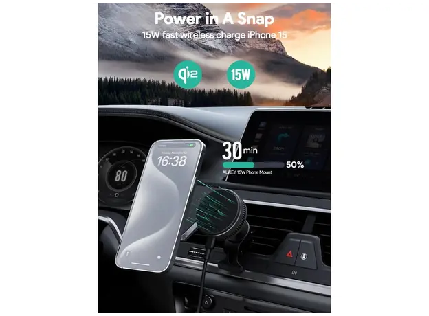 ავტომობილის უსადენო დამტენი Aukey 15W HD-MC13A MagFusion Dash Pro Qi2 Active Cooling Wireless Charging Phone Mount - Gray, 4 image