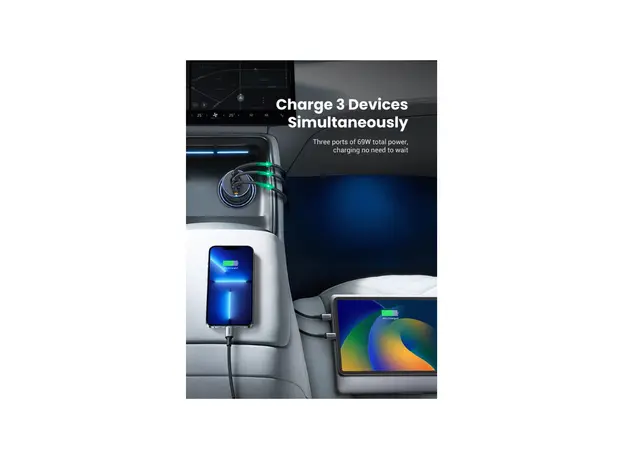 მანქანის დამტენი UGREEN EC703 (35024), 75W, Type-C, USB-A, 3 Port Fast Car Charger, Grey, 5 image