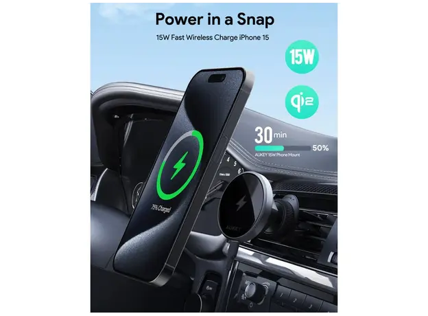 მანქანის უსადენო დამტენი Aukey 15W HD-MC13 Qi2 Wireless Charging Phone Mount - Black, 6 image