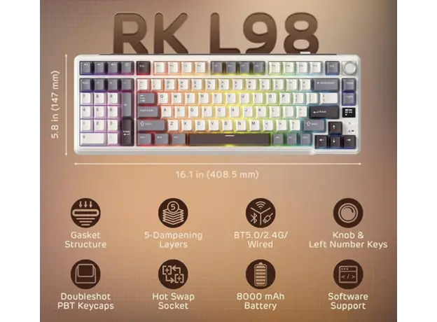 კლავიატურა Royal Kludge RK L98 RGB Mechanical Keyboard, Cream Switch, Hot Swappable, Wireless, Type-C, Bluetooth, 2.4GHz, Sandalwood Brown, 5 image