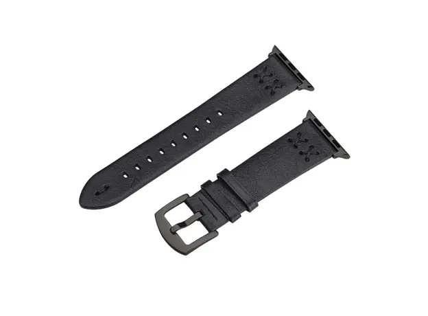 სმარტ საათის სამაჯური TVC Watch Strap for Apple Watch Series 10 9 8 7 SE 6 5 4 3 2 1 42mm 41mm 40mm 38mm Hand Stitched Lines Genuine Cow Leather Band - Black