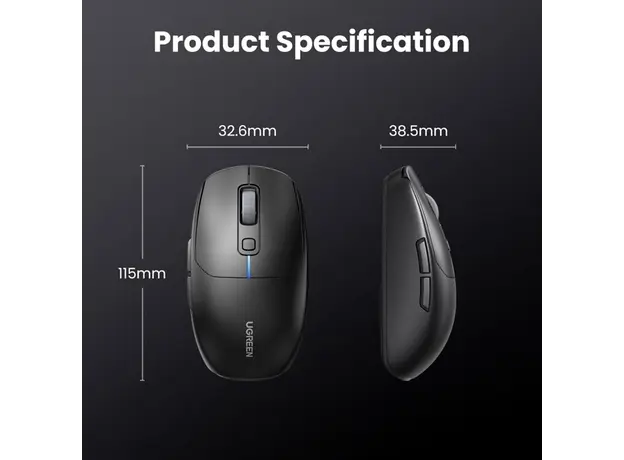 მაუსი UGREEN MU103 (90539), Wireless, 2.4GHz, Bluetooth, USB, Mouse, Black, 4 image