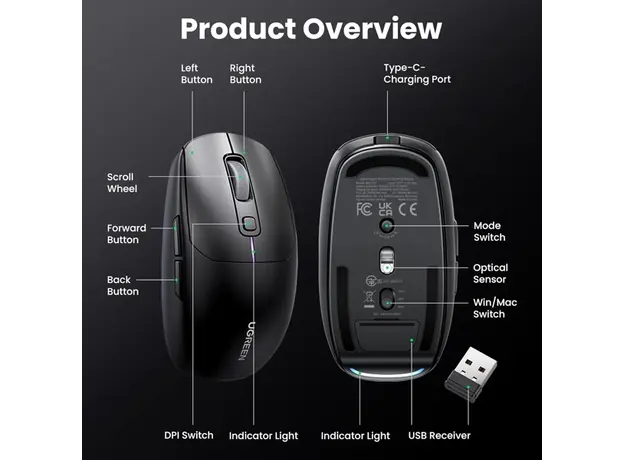 მაუსი UGREEN MU103 (90539), Wireless, 2.4GHz, Bluetooth, USB, Mouse, Black, 3 image
