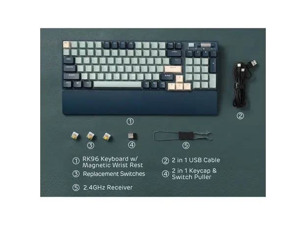 კლავიატურა Royal Kludge RK96 Mechanical Keyboard, Red switch, Hot Swappable, Wireless, USB Type-C, 2.4 GHz, Bluetooth, Forest Blue, 7 image