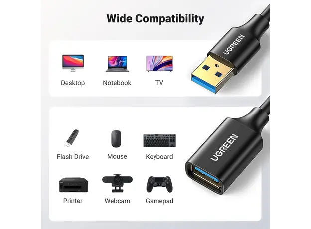 USB დამაგრძელებელი UGREEN US129 (90722), USB 3.0 Male to USB Female, Extension Male Cable, 5m, Black, 3 image