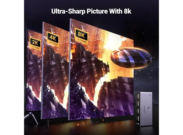 სვიჩი UGREEN CM624 (15604), 8k60hz HDMI 2.1 Switch With 1.5m Usb Power Cable, Grey, 6 image