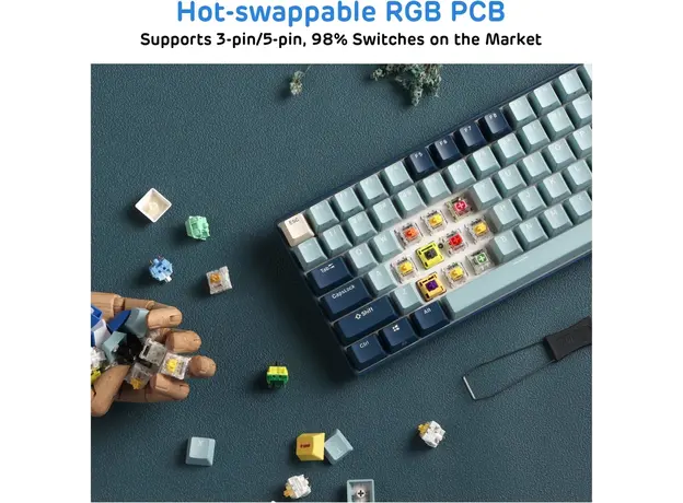 კლავიატურა Royal Kludge RK96 Mechanical Keyboard, Red switch, Hot Swappable, Wireless, USB Type-C, 2.4 GHz, Bluetooth, Forest Blue, 6 image