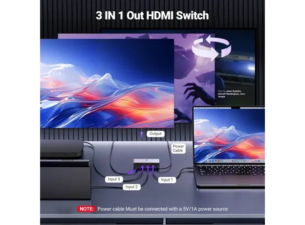 სვიჩი UGREEN CM624 (15604), 8k60hz HDMI 2.1 Switch With 1.5m Usb Power Cable, Grey, 7 image