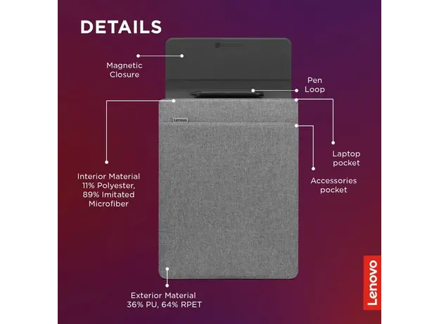 ნოუთბუქის ჩანთა Lenovo GX41K68624 Yoga, 14.5", Laptop Sleeve, Grey, 5 image