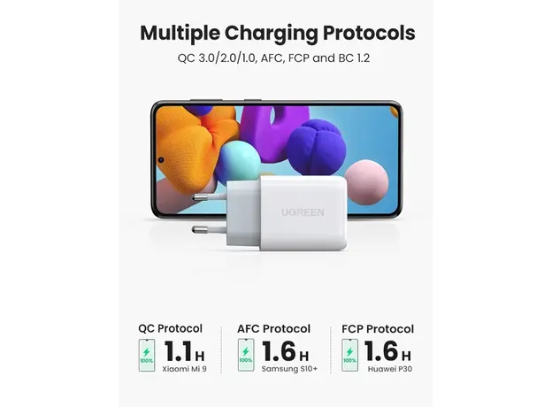 მობილურის დამტენი UGREEN CD122 (10133), 18W, USB Fast Charger, White, 4 image