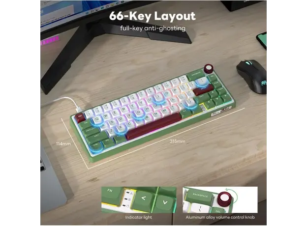 კლავიატურა Royal Kludge RK R65 RGB Mechanical Keyboard, Chartreuse switch, Hot Swappable, Type-C wired, Green sand, 3 image