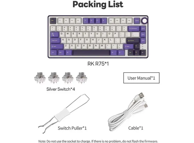 კლავიატურა Royal Kludge RK R75 RGB Mechanical Keyboard, Brown switch, Hot Swappable, Hot Swappable, Type-C wired, Blackberry, 5 image