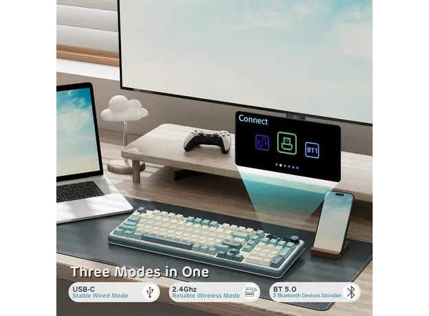 კლავიატურა Royal Kludge RK S98 RGB Mechanical Keyboard, Brown switch, Smart Display, Hot Swappable, Type-C wired, Bluetooth 5.0, 2.4GHz, Light Cloud, 5 image