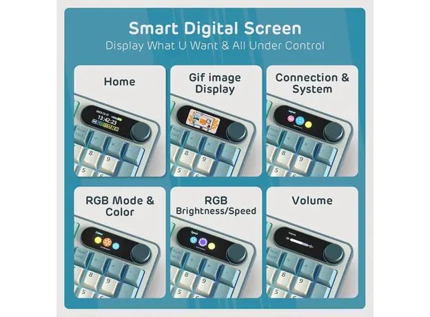 კლავიატურა Royal Kludge RK S98 RGB Mechanical Keyboard, Brown switch, Smart Display, Hot Swappable, Type-C wired, Bluetooth 5.0, 2.4GHz, Light Cloud, 6 image