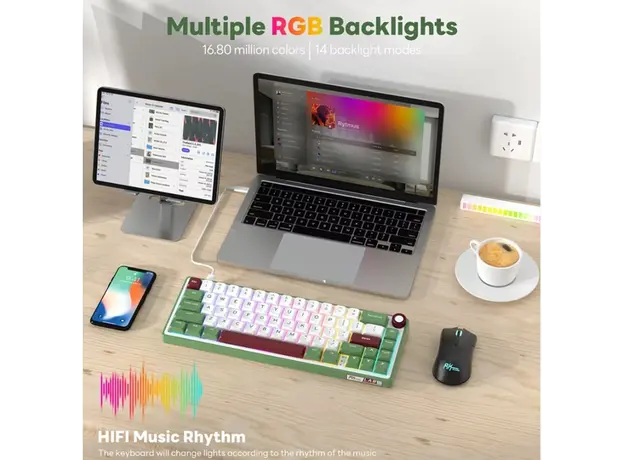 კლავიატურა Royal Kludge RK R65 RGB Mechanical Keyboard, Chartreuse switch, Hot Swappable, Type-C wired, Green sand, 5 image