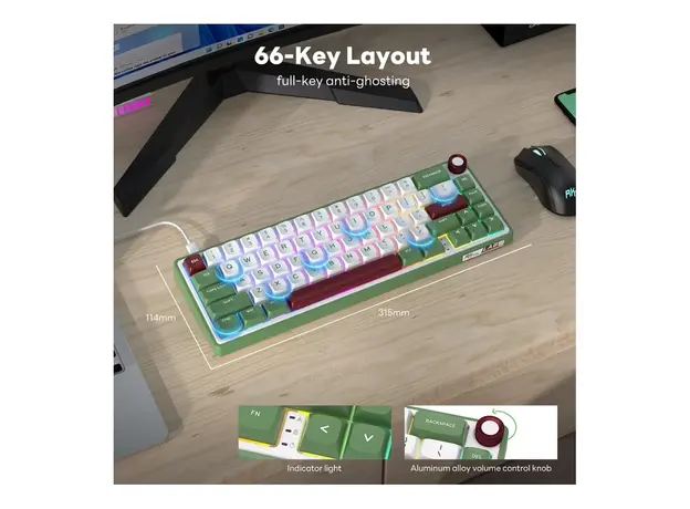 კლავიატურა Royal Kludge RK R65 RGB Mechanical Keyboard, Brown switch, Hot Swappable, Type-C wired, Green sand, 3 image