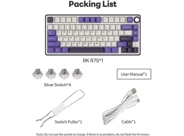 კლავიატურა Royal Kludge RK R75 RGB Mechanical Keyboard, K silver switch, Hot Swappable, Type-C wired, Blackberry, 5 image