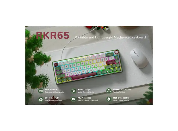 კლავიატურა Royal Kludge RK R65 RGB Mechanical Keyboard, Brown switch, Hot Swappable, Type-C wired, Green sand, 4 image