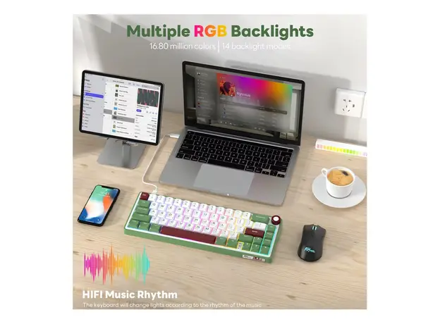 კლავიატურა Royal Kludge RK R65 RGB Mechanical Keyboard, Brown switch, Hot Swappable, Type-C wired, Green sand, 6 image