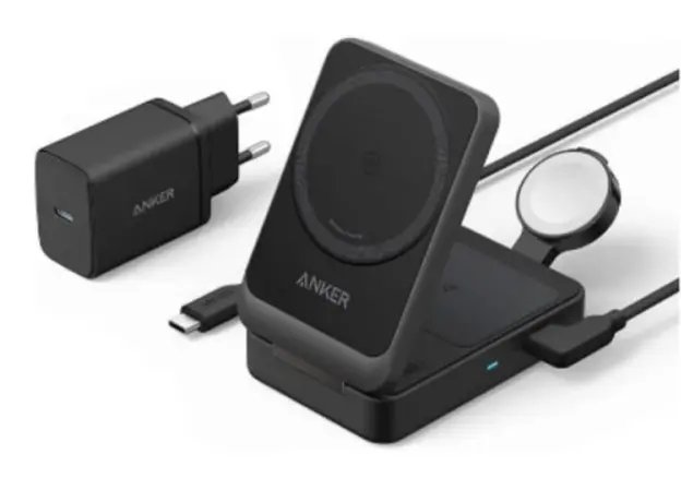 პორტატული დამტენი Anker MagGo Wireless Charging Station (15W, Foldable 3-in-1) bundle cable and charger