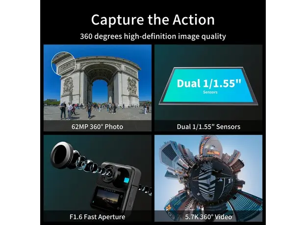 ექშენ კამერა KanDao Q23G-02 QooCam 3, 62MP, 360 Action Camera Travel Combo, Black, 16 image