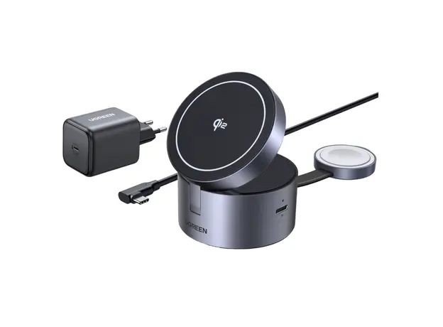 უსადენო დამტენი UGREEN W712 (65148) Magflow Qi2.2, 15W, 3in1 Wireless Charger, Grey, 4 image