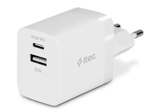 ადაპტერი TTEC SMARTCHARGER DUO PD 45W TRAVEL FAST CHARGER USB-C+USB-A WHITE, 2 image