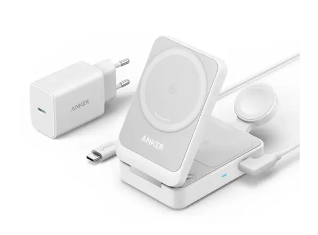 პორტატული დამტენი Anker MagGo Wireless Charging Station (15W, Foldable 3-in-1) bundle cable and charger