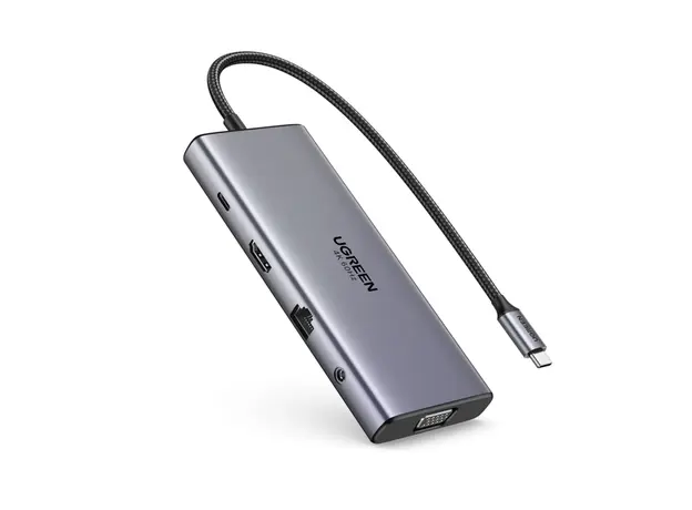 USB-C ჰაბი UGREEN CM639 (45520), Type-C, USB-A, HDMI, VGA, RJ45, SD/TF, 3.5MM, PD, 11-in-1 USB-C Hub, Grey