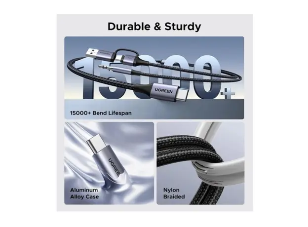 აუდიო ადაპტერი და დამტენი UGREEN CM772 (45009), 60W, 2-in-1 Audio Charger Adapter And AUX, 1.5m, Black/Grey, 5 image