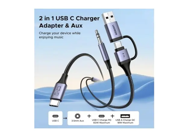 აუდიო ადაპტერი და დამტენი UGREEN CM772 (45009), 60W, 2-in-1 Audio Charger Adapter And AUX, 1.5m, Black/Grey, 3 image