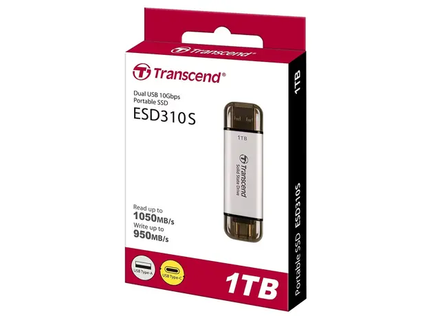 გარე მყარი დისკი Transcend 1TB, External SSD, ESD310S, USB 10Gbps, Type C/A, Silver, 3 image
