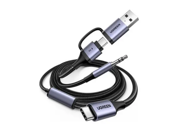 აუდიო ადაპტერი და დამტენი UGREEN CM772 (45009), 60W, 2-in-1 Audio Charger Adapter And AUX, 1.5m, Black/Grey, 2 image