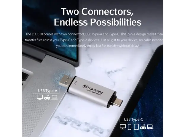 გარე მყარი დისკი Transcend 512GB, External SSD, ESD310S, USB 10Gbps, Type C/A, Silver