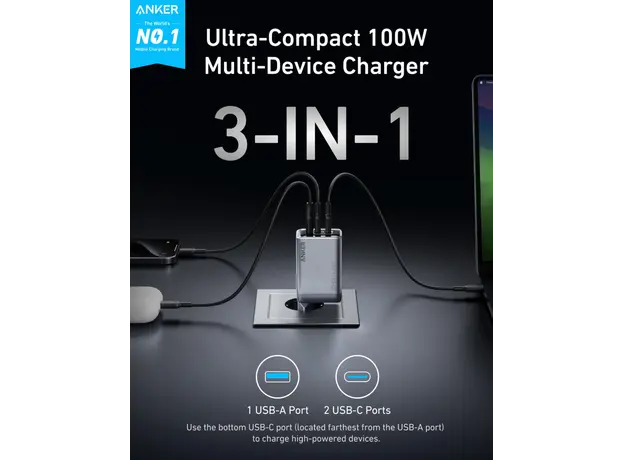ადაპტერი Anker Prime Charger (100W, 3 Ports, GaNPrime) (3) - EU/ES/FR/ES 1, 6 image