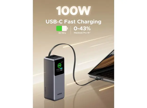 პორტატული დამტენი UGREEN PB726 (55987B) Nexode, 20000mAh, USB, Type-C, Power Bank With Retractable Type-C Cable, Grey, 3 image