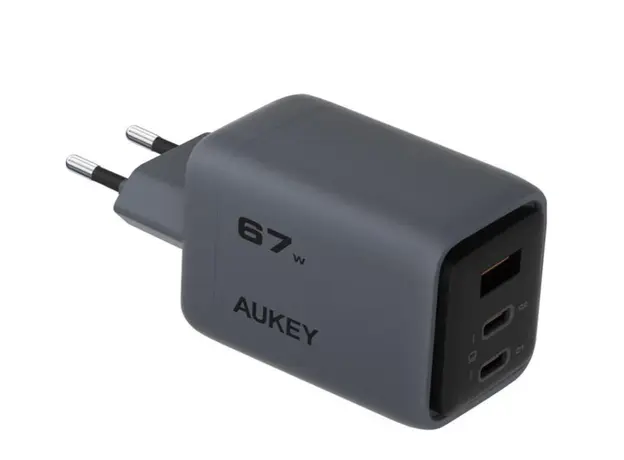 ადაპტერი AUKEY PA-C3 charger with 67W total power, three 2C/1A ports, global fast charging protocol, EU plug, dark gray