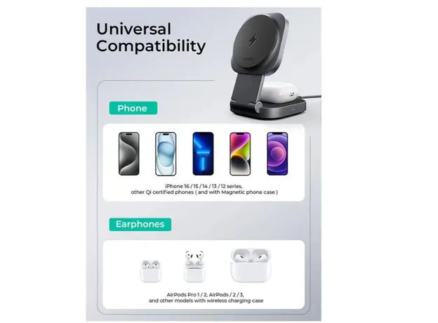 პორტატული დამტენი AUKEY LC-MC211 2-in-1 (Phone + Earphones) Desktop Retractable and Foldable Magnetic Wireless Charger with 1.5M C-to-C Cable, Gunmetal Color, 5 image