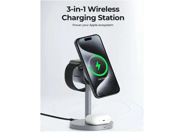 პორტატული დამტენი AUKEY LC-MC311 3-in-1 desktop magnetic wireless charger (gun color) QI2.0 version with C-C1.5M+30W European standard charging plug, 2 image
