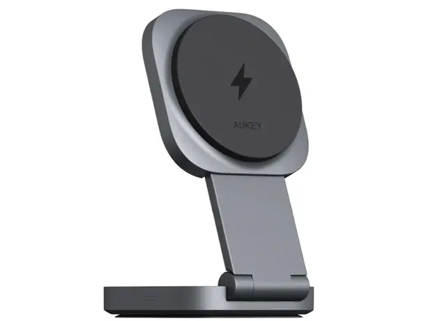 პორტატული დამტენი AUKEY LC-MC211 2-in-1 (Phone + Earphones) Desktop Retractable and Foldable Magnetic Wireless Charger with 1.5M C-to-C Cable, Gunmetal Color