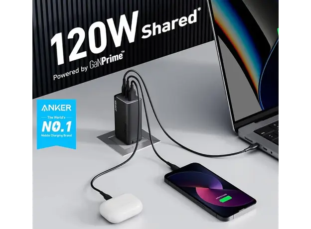 სწრაფი დამტენი Anker 737 Charger(GaNPrime 120W) (3) - EU/ES/FR/ES Black 3, 6 image