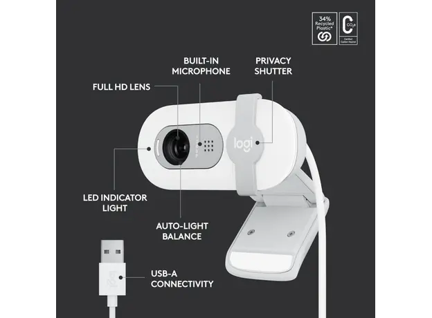 ვებკამერა LOGITECH Brio 100 Full HD Webcam - OFF-WHITE - USB - EMEA28-935, 4 image