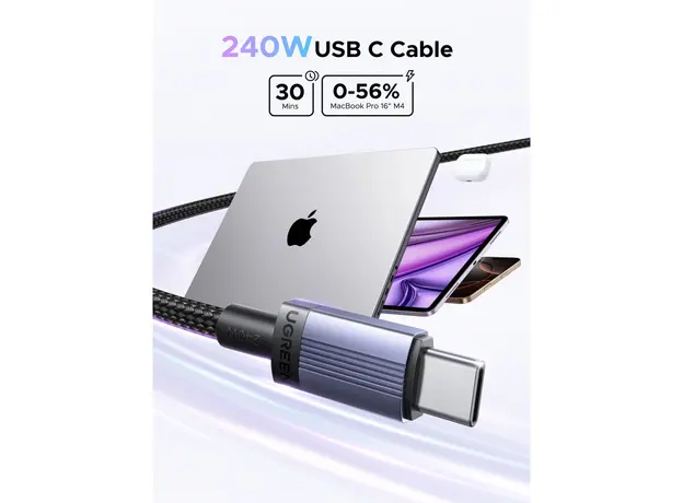 USB კაბელი UGREEN L532 (65907), 240W, Type-C to Type-C PD Fast Charging Cable, 1m, Space Gray, 4 image