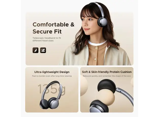 ყურსასმენი Ugreen HP207 (75630) Studio Plus, Headset, Wireless, Bluetooth, Black/Silver, 4 image