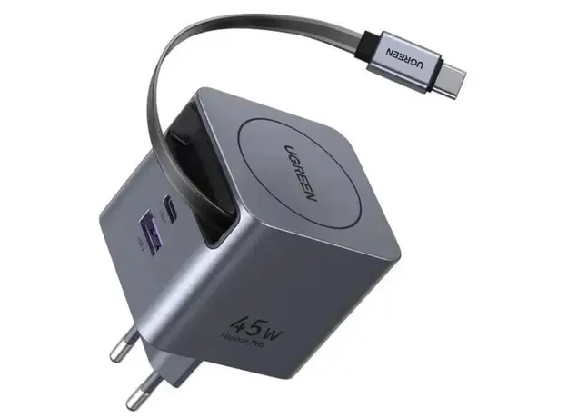 ადაპტერი UGREEN X614 (65822), 45W, Type-C, USB, GaN Fast Charger With Retractable Cable, Grey, 4 image