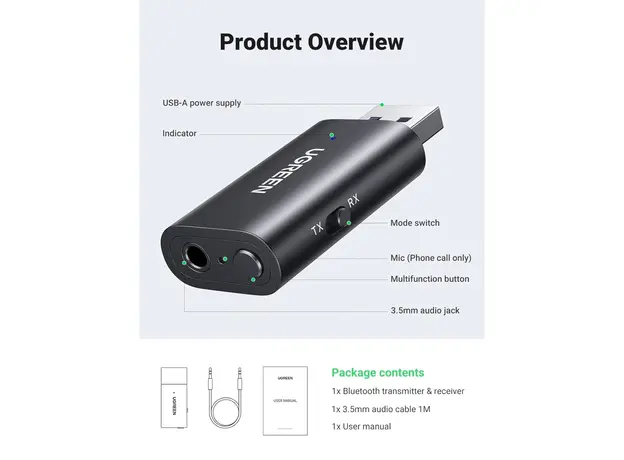 Bluetooth ადაპტერი UGREEN CM523 (60300), USB 2.0 to 3.5mm Bluetooth Transmitter/Receiver Adapter, Black, 4 image