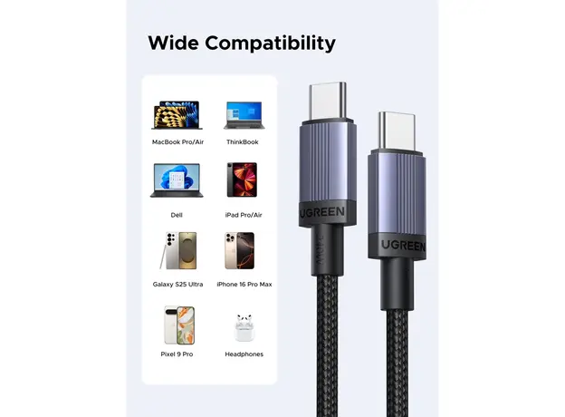 USB კაბელი UGREEN L532 (65907), 240W, Type-C to Type-C PD Fast Charging Cable, 1m, Space Gray, 3 image