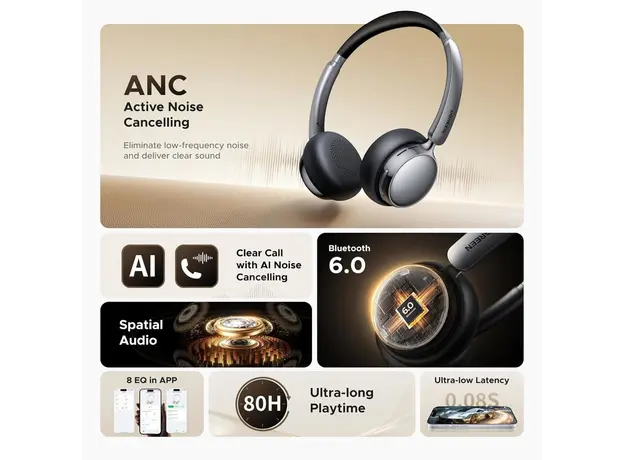 ყურსასმენი Ugreen HP207 (75630) Studio Plus, Headset, Wireless, Bluetooth, Black/Silver, 5 image