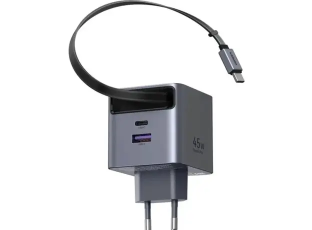 ადაპტერი UGREEN X614 (65822), 45W, Type-C, USB, GaN Fast Charger With Retractable Cable, Grey, 2 image